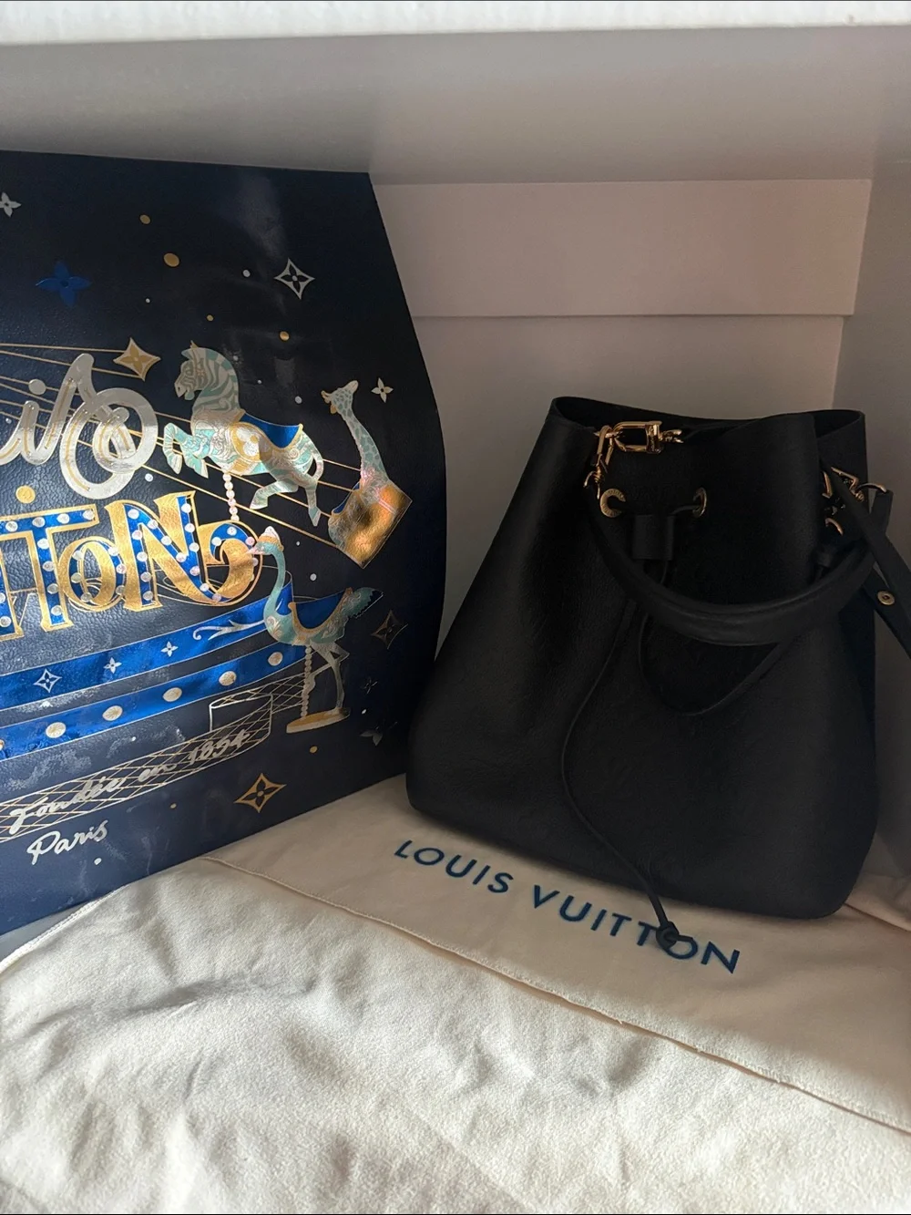 Louis Vuitton Black Leather Drawstring Hobo with Gold Hardware